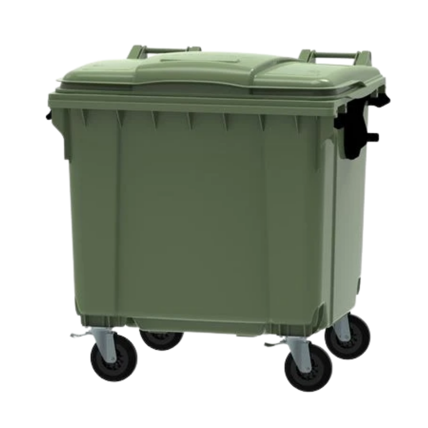 770L green organic waste container with four wheels for food and garden waste collection, compliant with EN840 standards.
