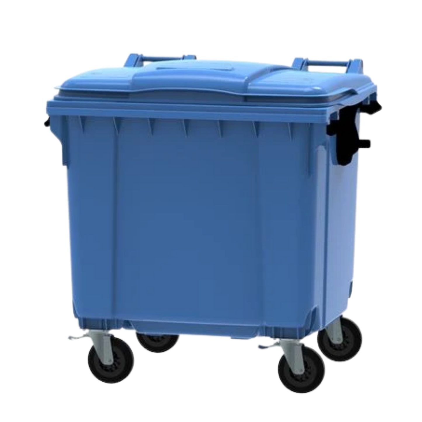 1100L blue paper and cardboard waste container with four wheels for recycling collection, compliant with EN840 standards.