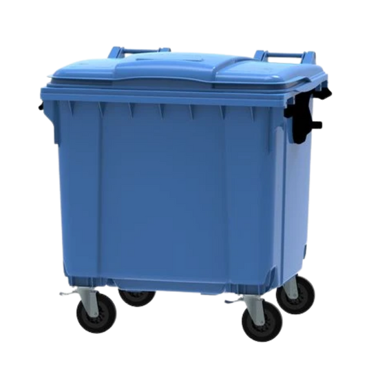 1100L blue paper and cardboard waste container with four wheels for recycling collection, compliant with EN840 standards.
