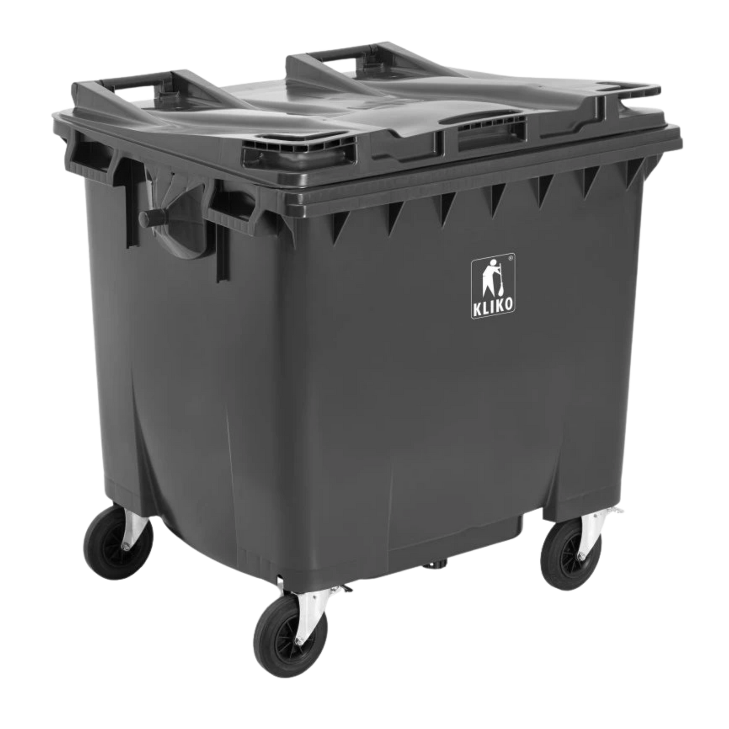 1100L grey waste container for commercial and industrial waste collection, compliant with EN840 standards.