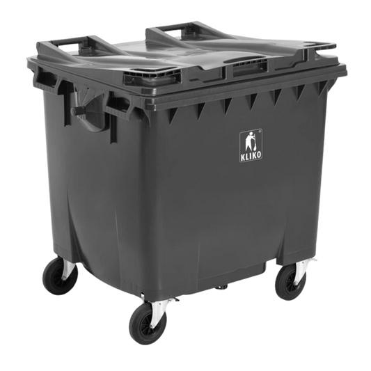 1100L grey waste container for commercial and industrial waste collection, compliant with EN840 standards.