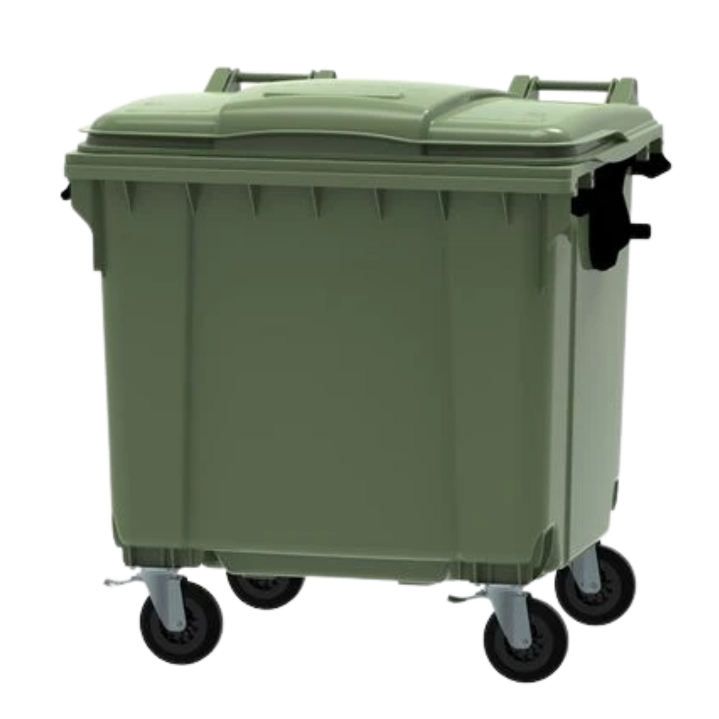 1100L green organic waste container with four wheels for food and garden waste collection, compliant with EN840 standards.