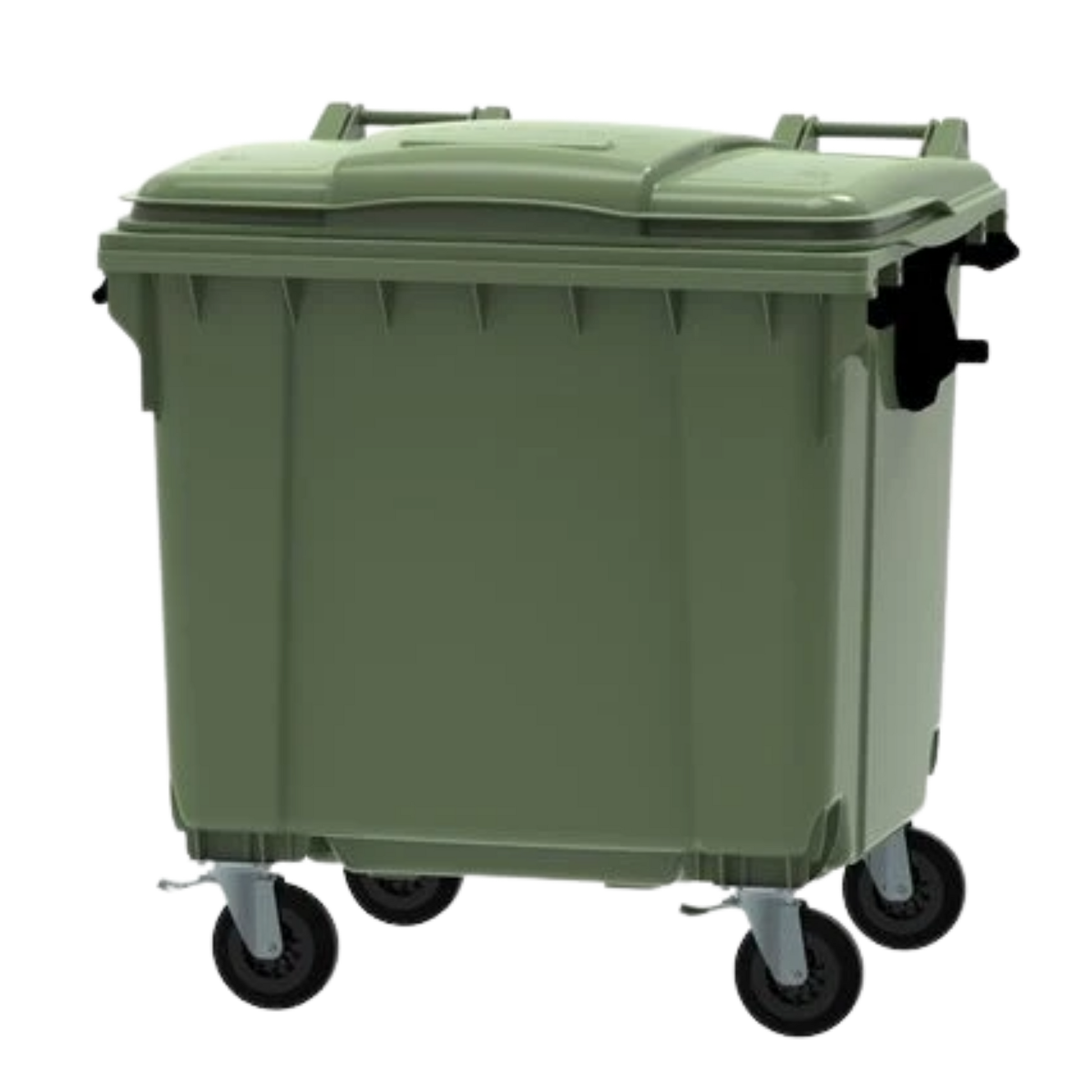 1100L green organic waste container with four wheels for food and garden waste collection, compliant with EN840 standards.