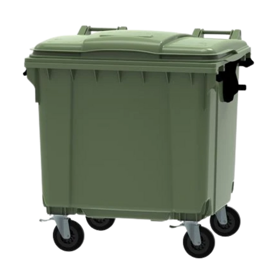 1100L green organic waste container with four wheels for food and garden waste collection, compliant with EN840 standards.
