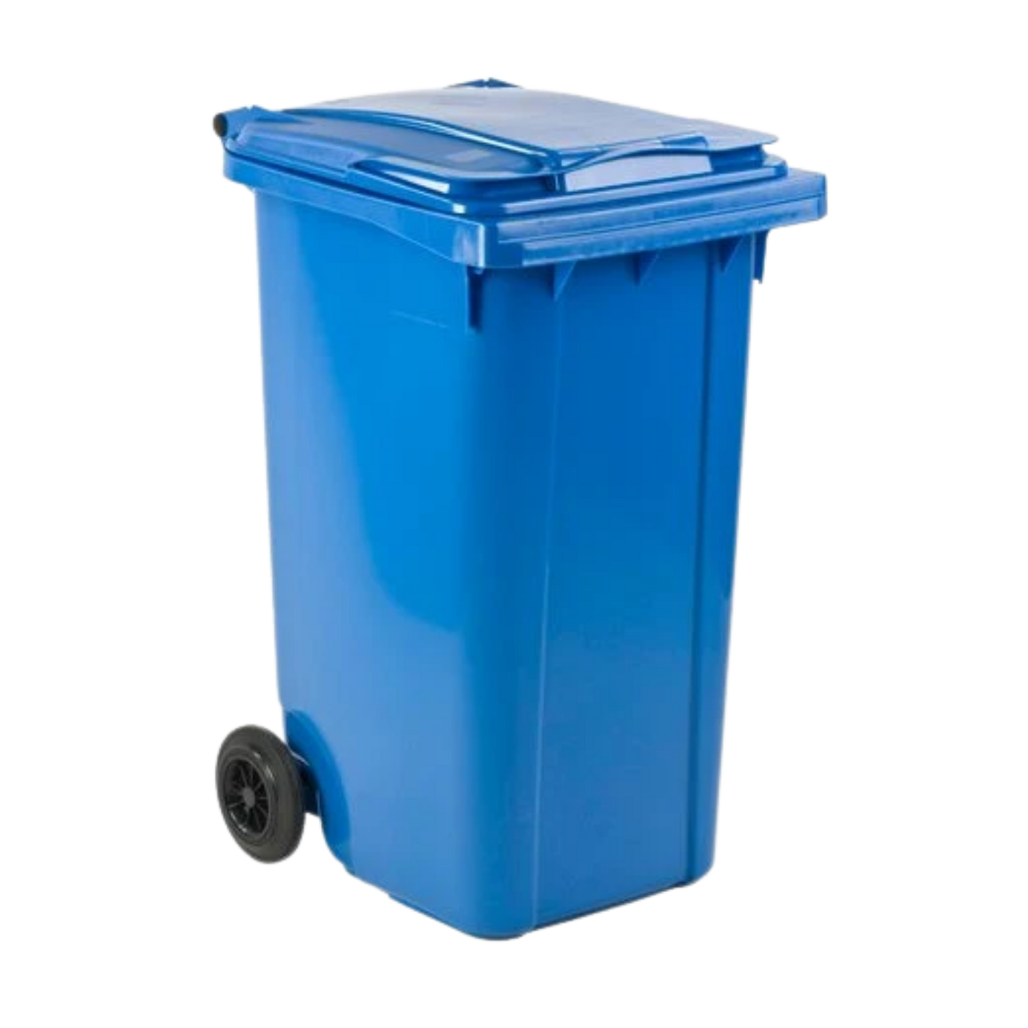 140L blue paper and cardboard waste container with wheels for recycling collection, compliant with EN840 standards.