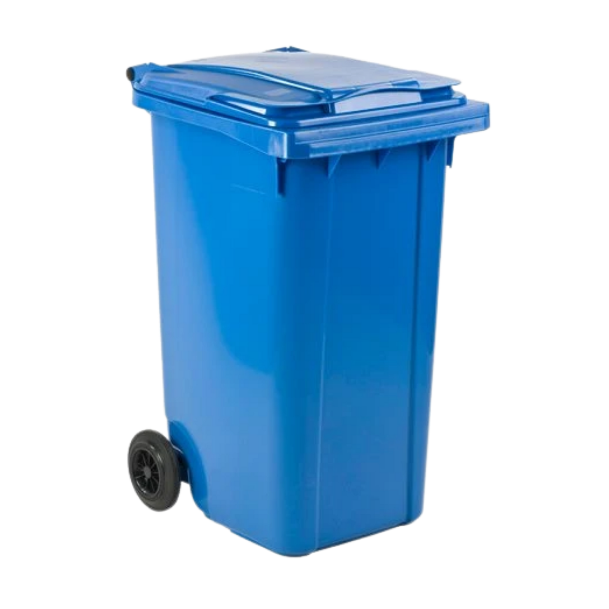 140L blue paper and cardboard waste container with wheels for recycling collection, compliant with EN840 standards.