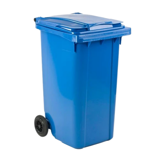 140L blue paper and cardboard waste container with wheels for recycling collection, compliant with EN840 standards.