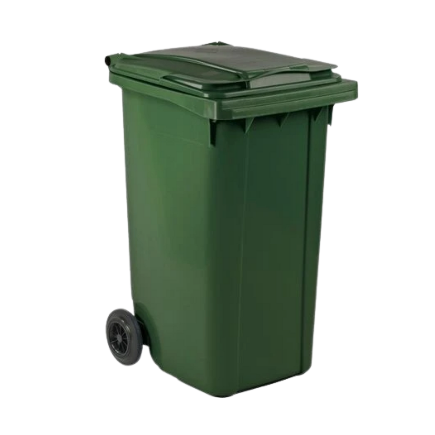 140L green organic waste container with wheels for food and garden waste collection, compliant with EN840 standards.
