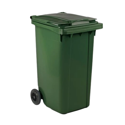 140L green organic waste container with wheels for food and garden waste collection, compliant with EN840 standards.