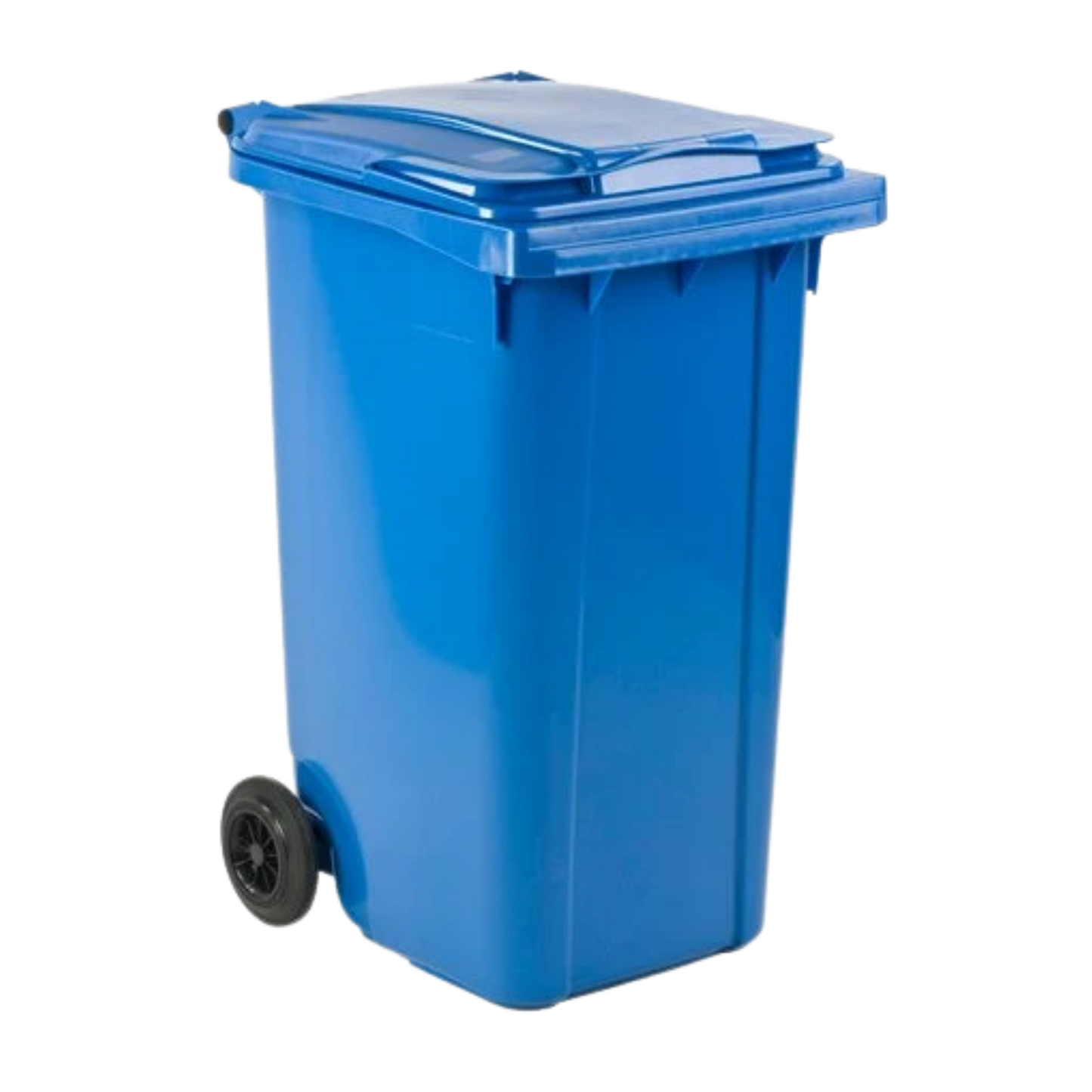 240L blue paper and cardboard waste container with wheels for recycling collection, compliant with EN840 standards.