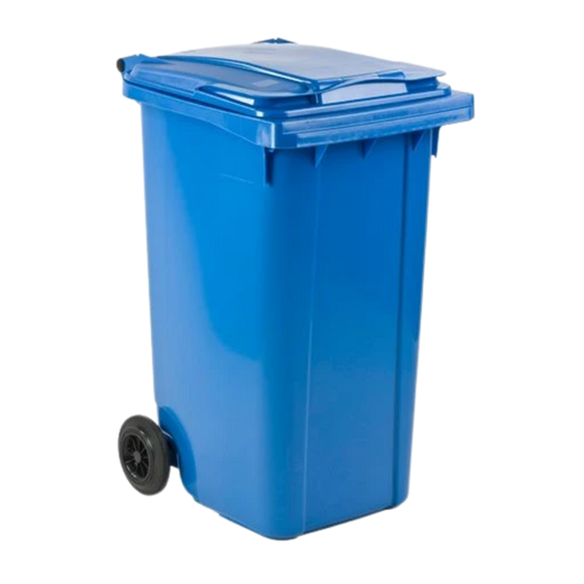 240L blue paper and cardboard waste container with wheels for recycling collection, compliant with EN840 standards.