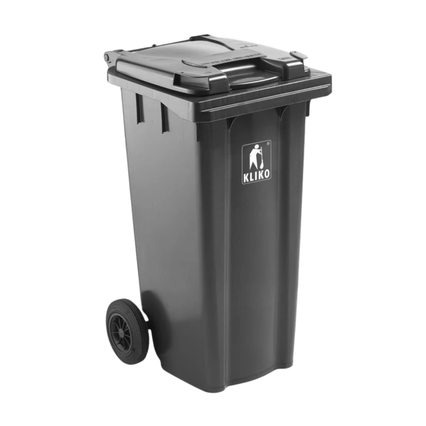 240L grey waste container with wheels for general waste collection, compliant with EN840 standards.