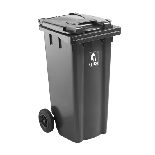 240L grey waste container with wheels for general waste collection, compliant with EN840 standards.