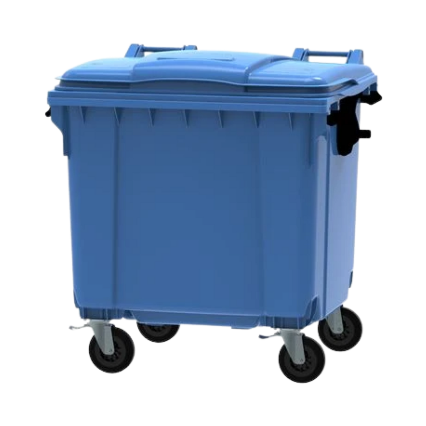 770L blue paper and cardboard waste container with four wheels for recycling collection, compliant with EN840 standards.