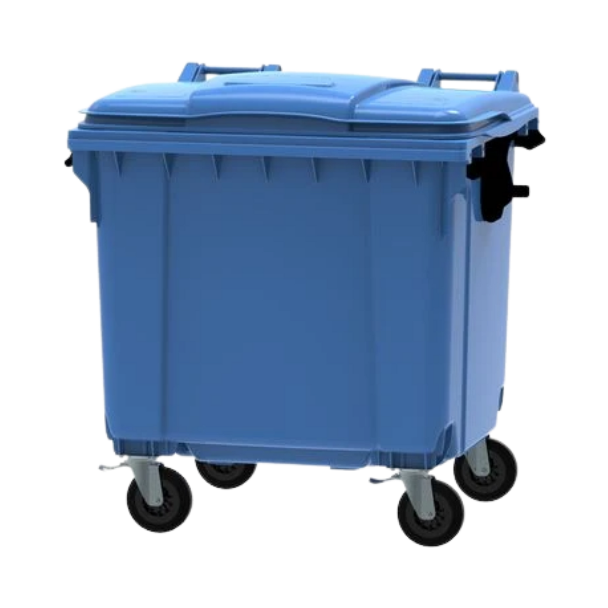 770L blue paper and cardboard waste container with four wheels for recycling collection, compliant with EN840 standards.