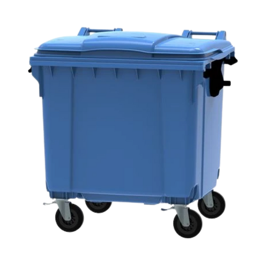 770L blue paper and cardboard waste container with four wheels for recycling collection, compliant with EN840 standards.