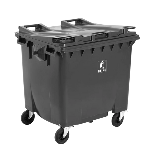 770L grey waste container with four wheels for commercial and industrial waste collection, compliant with EN840 standards.