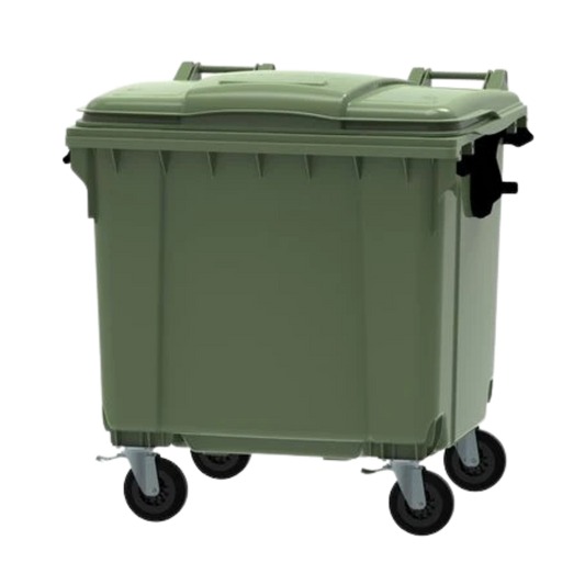770L green organic waste container with four wheels for food and garden waste collection, compliant with EN840 standards.