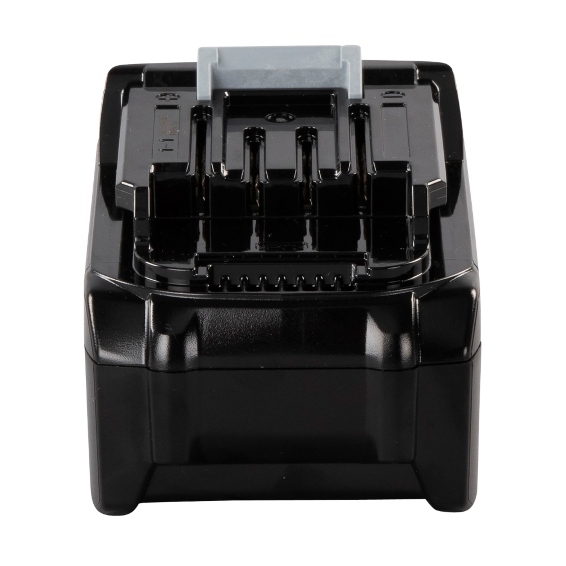Black power tool battery pack on a white background