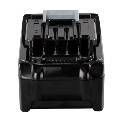 Black power tool battery pack on a white background