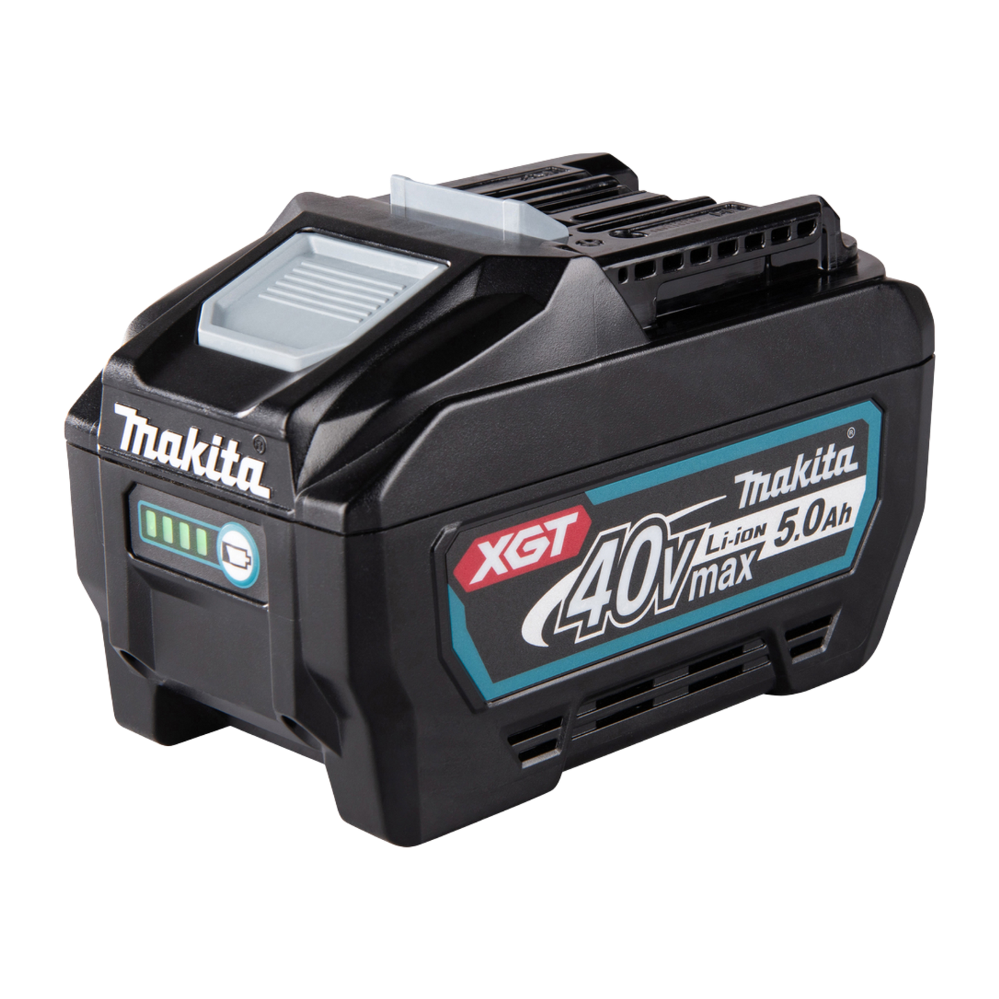 Makita BL4050F XGT 40V Max 5.0Ah lithium-ion battery with charge indicator and digital tool communication.