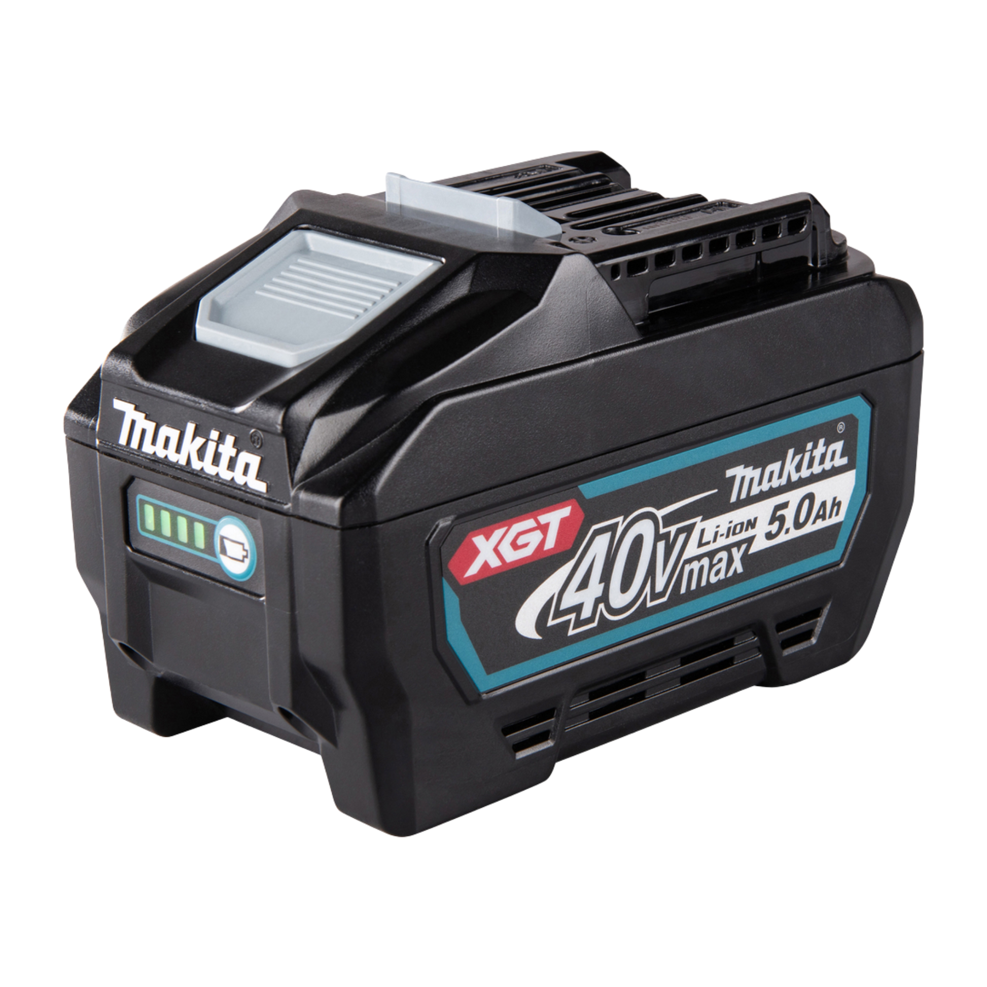 Makita BL4050F XGT 40V Max 5.0Ah lithium-ion battery with charge indicator and digital tool communication.