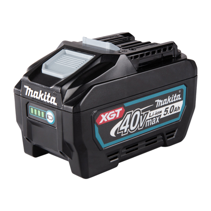 Makita BL4050F XGT 40V Max 5.0Ah lithium-ion battery with charge indicator and digital tool communication.