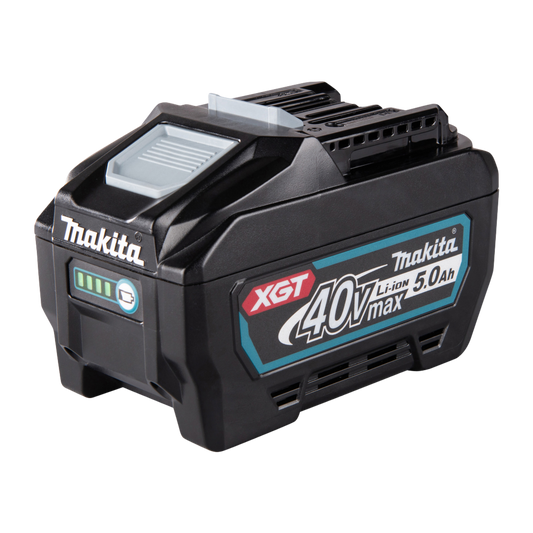 Makita BL4050F XGT 40V Max 5.0Ah lithium-ion battery with charge indicator and digital tool communication.