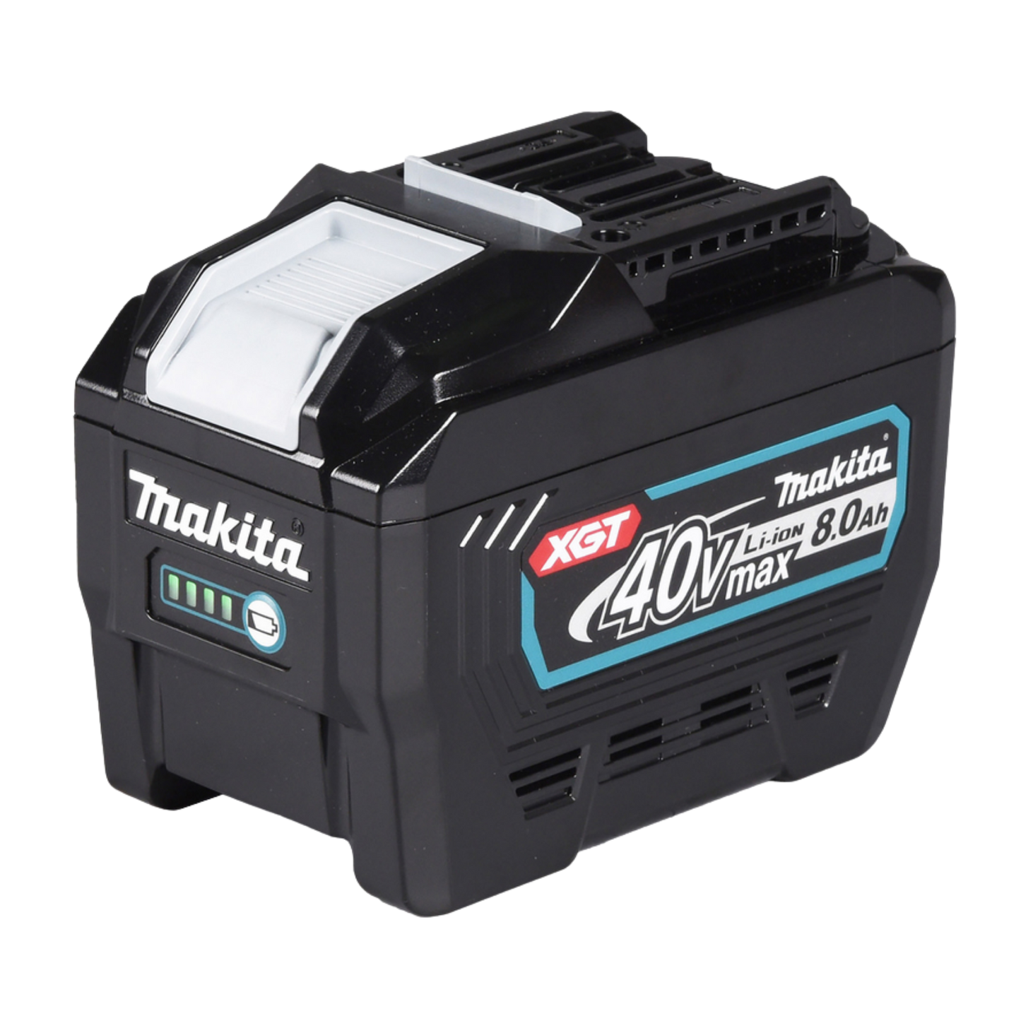 Makita BL4080F XGT 40V Max 8.0Ah lithium-ion battery with charge indicator and maximum runtime performance.