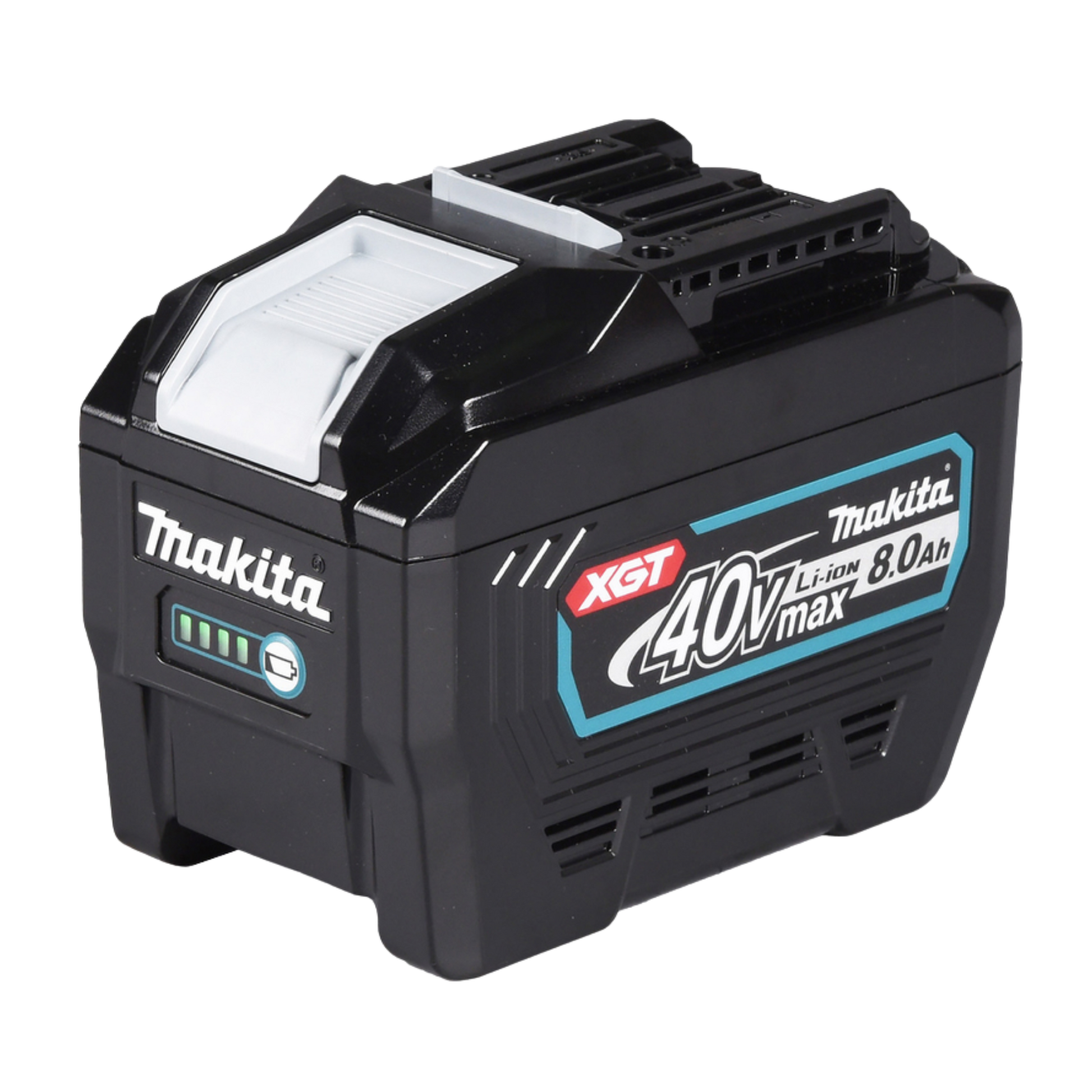 Makita BL4080F XGT 40V Max 8.0Ah lithium-ion battery with charge indicator and maximum runtime performance.