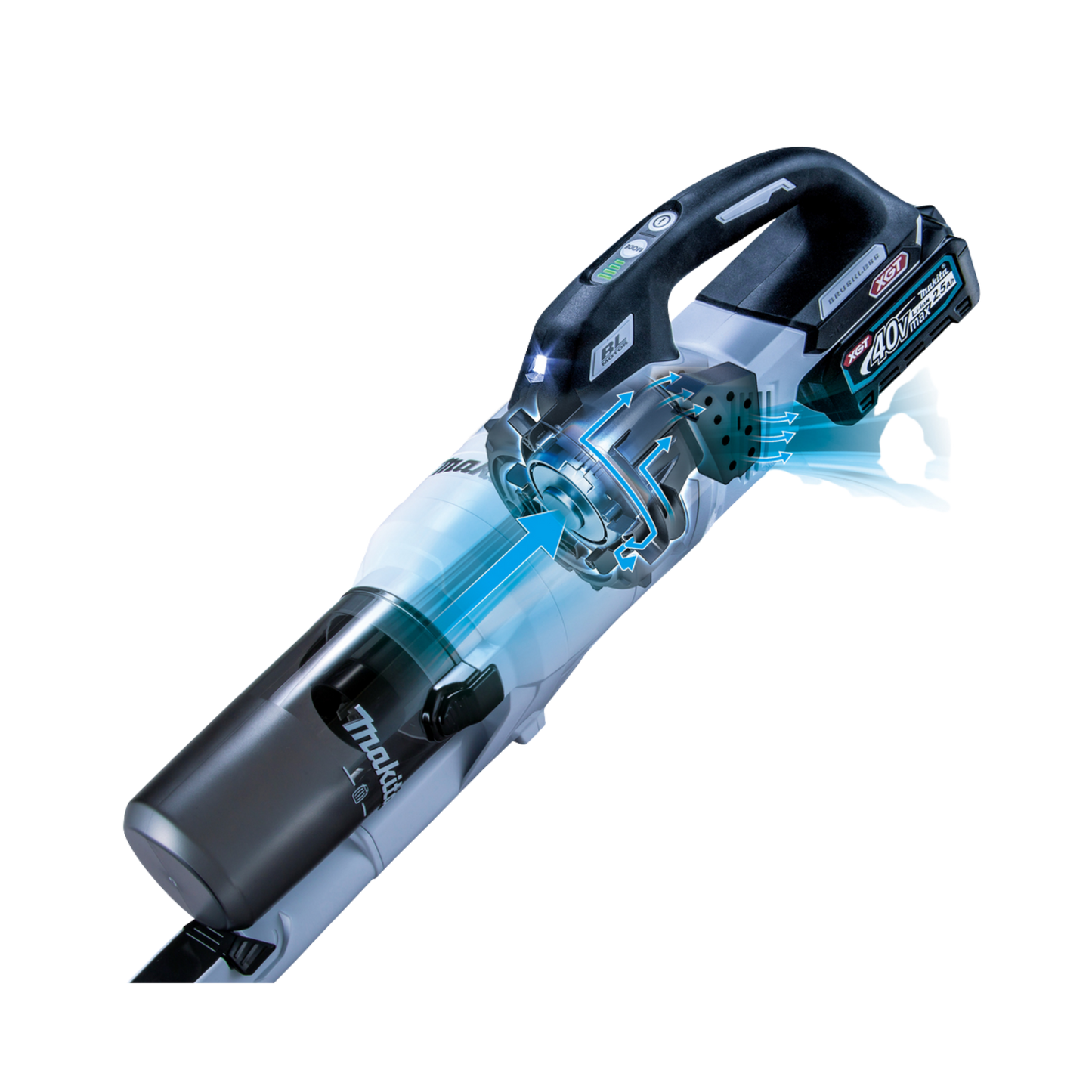 Makita CL003GZ04 cordless stick vacuum cleaner with brushless motor, LED work light and four power settings.