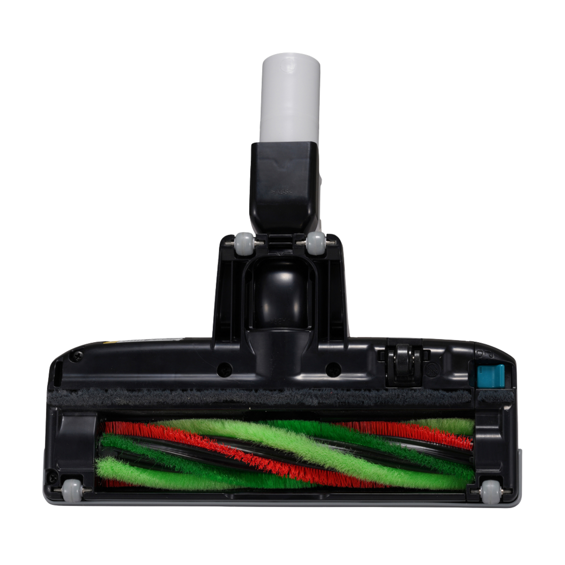 Vacuum cleaner head with green and red brushes on a white background