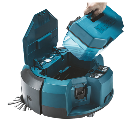 Makita DRC200Z commercial robotic vacuum cleaner with autonomous cleaning, obstacle detection and 2.5L dust capacity.