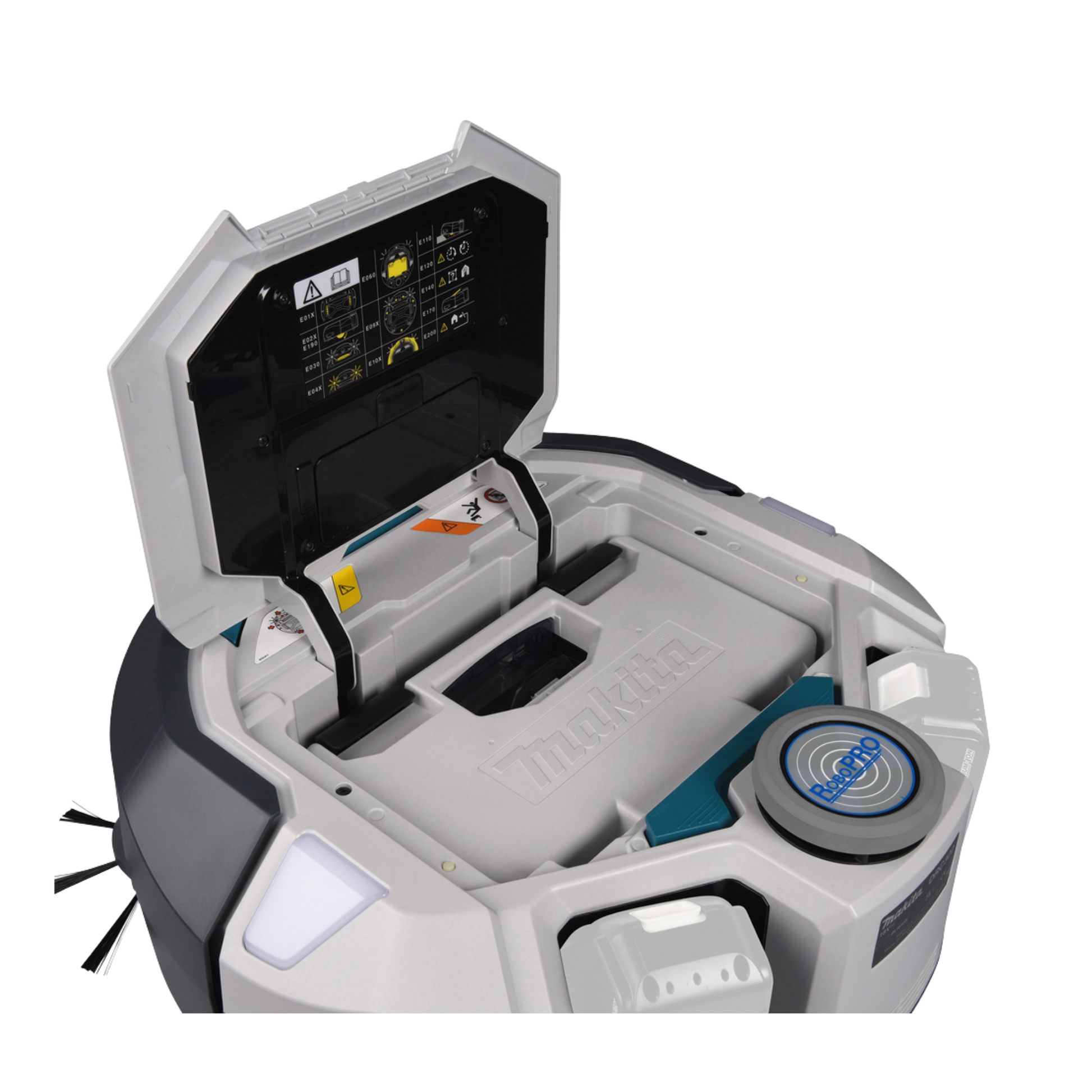 Robotic vacuum cleaner with open lid showing internal components on a white background