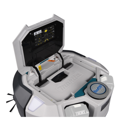 Robotic vacuum cleaner with open lid showing internal components on a white background