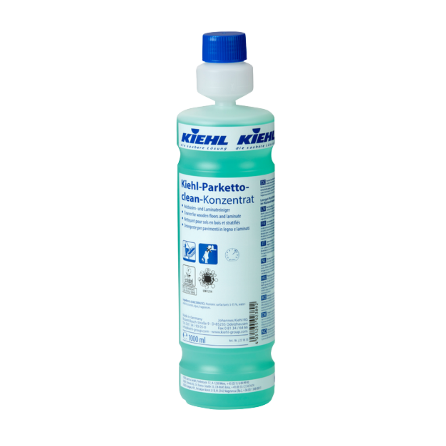 Green bottle with blue cap labeled 'Kiehl' on a white background