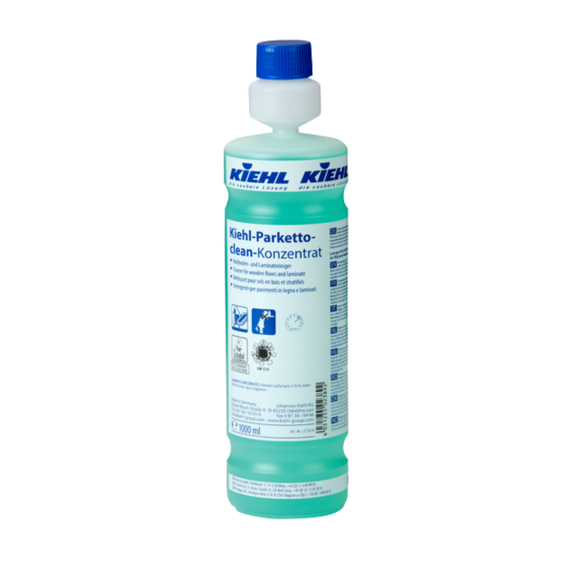 Green bottle with blue cap labeled 'Kiehl' on a white background