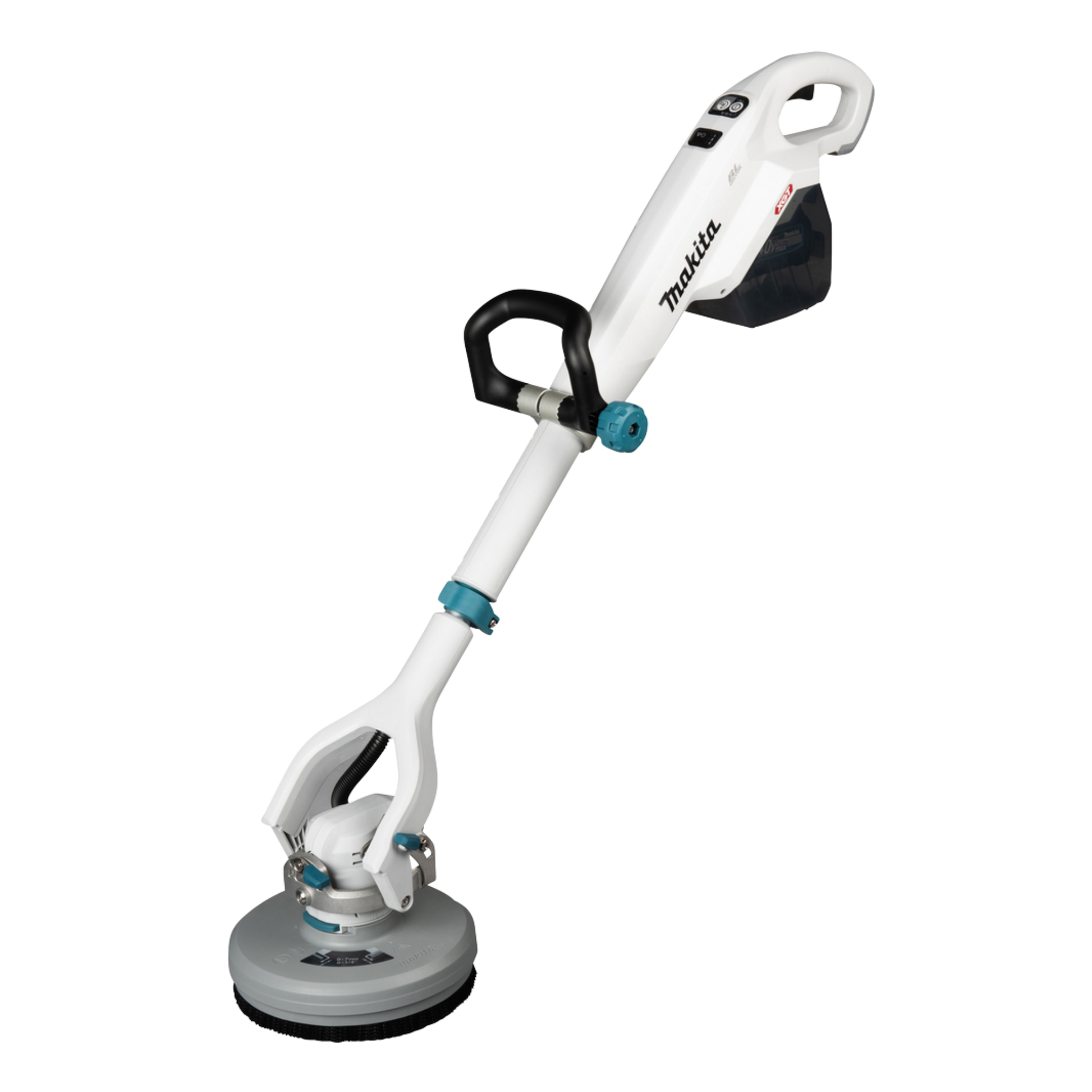 Makita PS001GZ cordless floor scrubber and polisher with telescopic handle and adjustable speed settings.