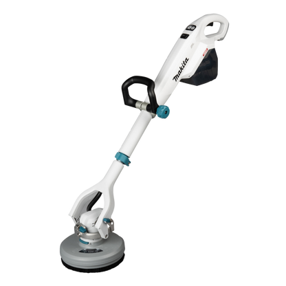 Makita PS001GZ cordless floor scrubber and polisher with telescopic handle and adjustable speed settings.
