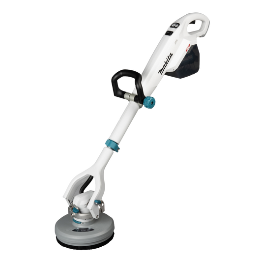 Makita PS001GZ cordless floor scrubber and polisher with telescopic handle and adjustable speed settings.