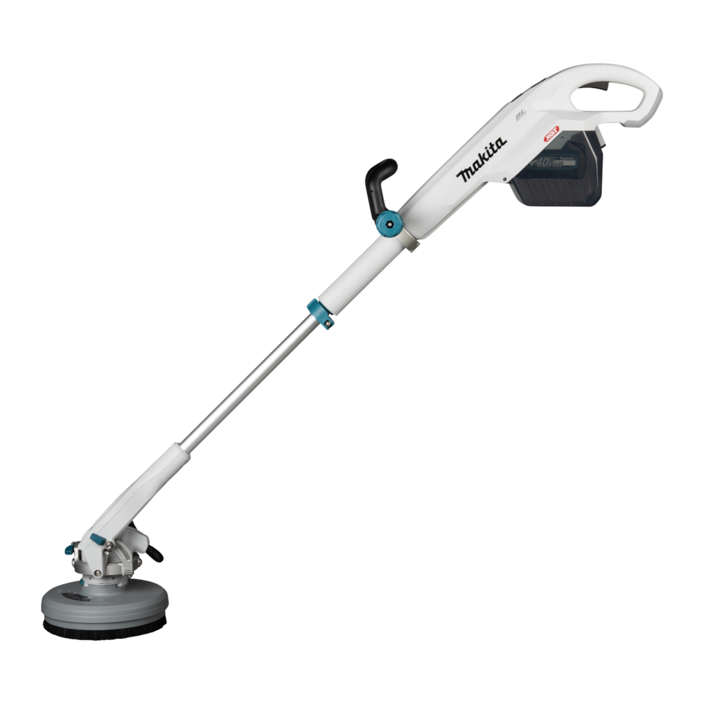 Makita PS001GZ cordless floor scrubber and polisher with telescopic handle and adjustable speed settings.