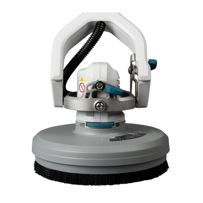 Makita PS001GZ cordless floor scrubber and polisher with telescopic handle and adjustable speed settings.