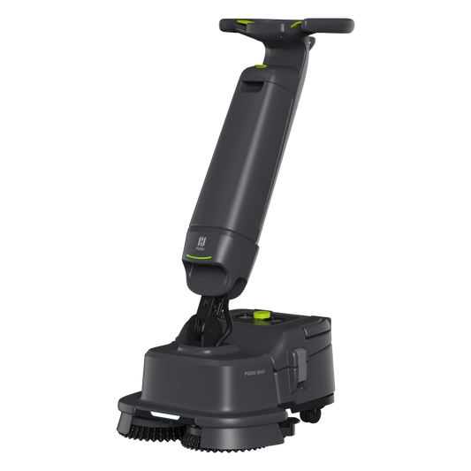 PUDU SH1 smart upright scrubber dryer for professional floor cleaning, scrubbing and rapid drying.
