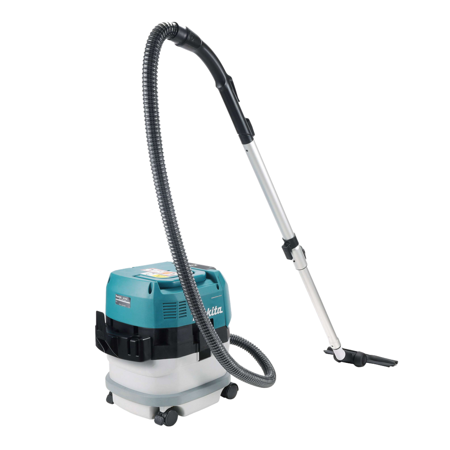 Makita VC002GLZ01 cordless 8L vacuum cleaner with HEPA filtration, AWS Bluetooth connectivity and Dust Class L certification.