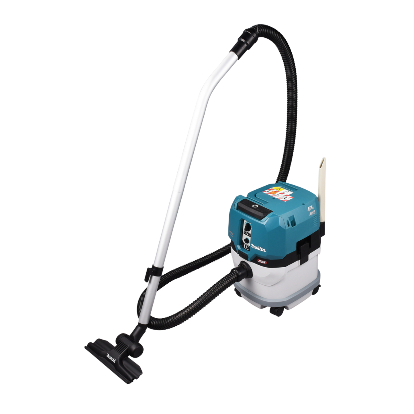 Makita VC004GLZ01 cordless 15L vacuum cleaner with HEPA filtration, AWS Bluetooth connectivity and L-Class certification.