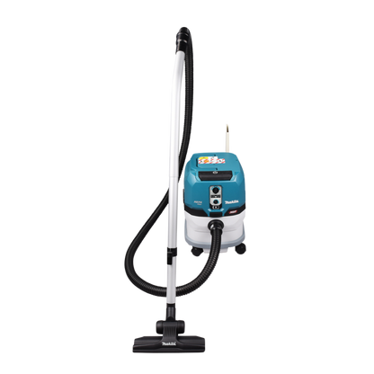 Makita VC004GLZ01 cordless 15L vacuum cleaner with HEPA filtration, AWS Bluetooth connectivity and L-Class certification.