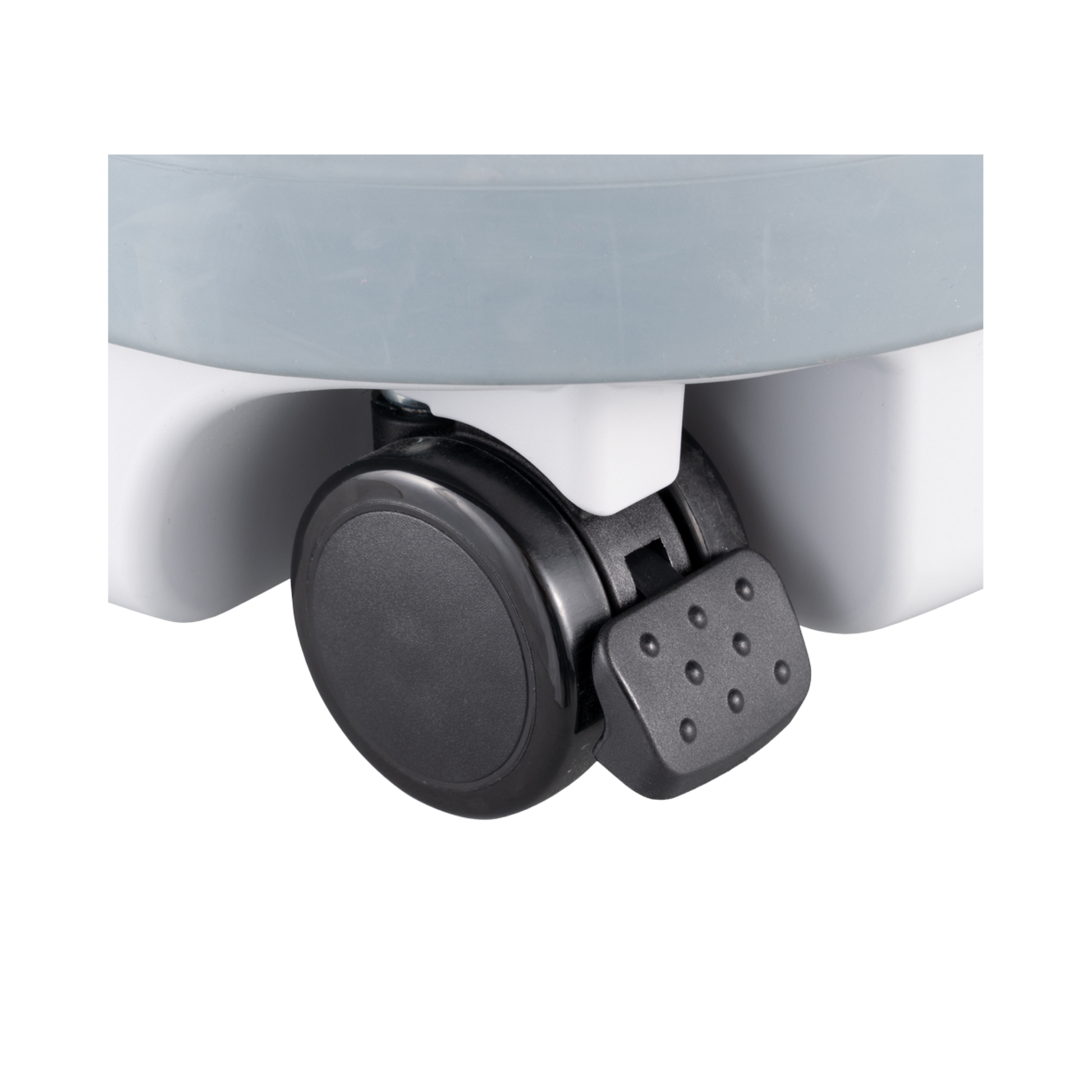 Close-up of a black caster wheel on a white background