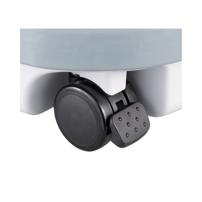 Close-up of a black caster wheel on a white background