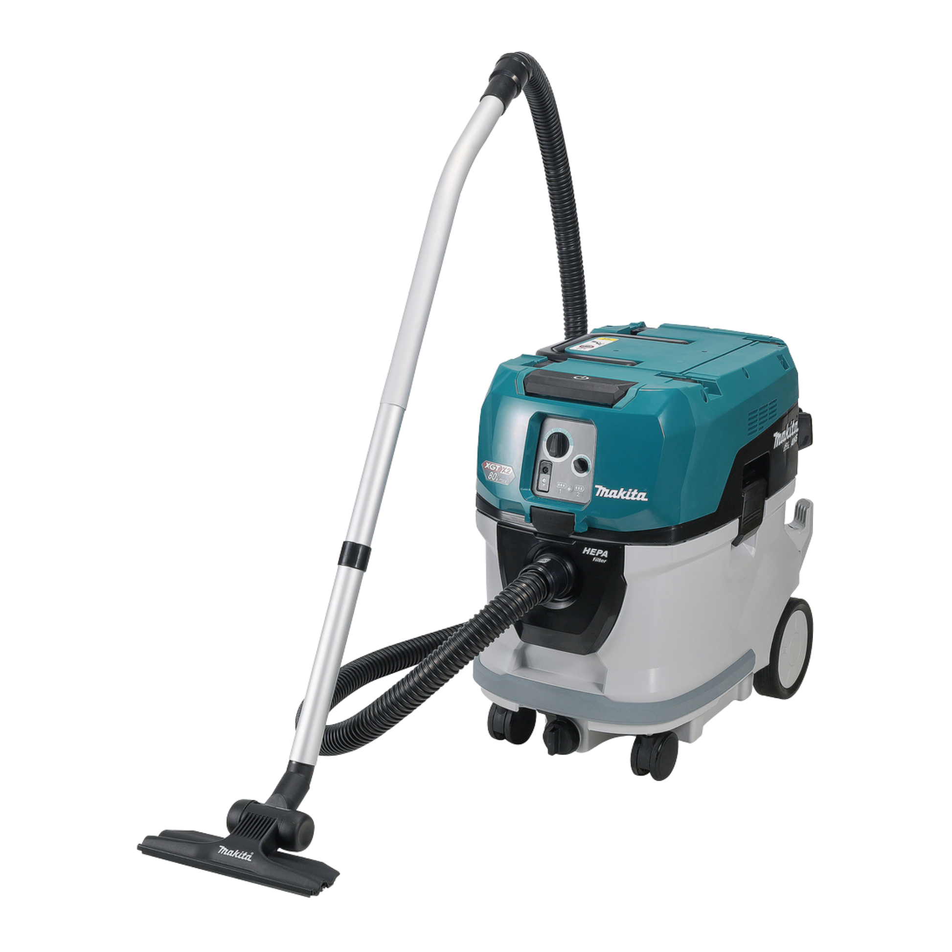 Makita VC007GLZ01 cordless 40L wet and dry vacuum cleaner with HEPA filtration and AWS Bluetooth connectivity.