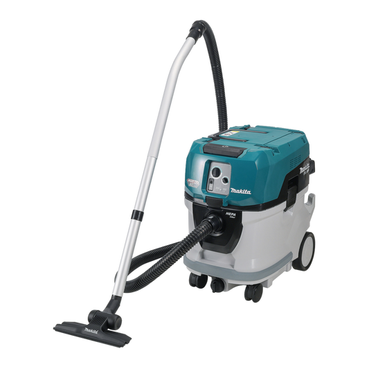 Makita VC007GLZ01 cordless 40L wet and dry vacuum cleaner with HEPA filtration and AWS Bluetooth connectivity.